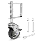 Heavy Duty 4 Inch Gate Caster With Brake For Wooden Gates, 250 Lb Capacity, Spring Loaded Solid Rubber Wheel, screws, and wrench included
