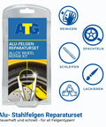 DIY Alloy Wheel Repair Kit For Curb Rash And Rim Scratch Fix With Silver Touch Up Paint packaging showing repair uses and tools.
