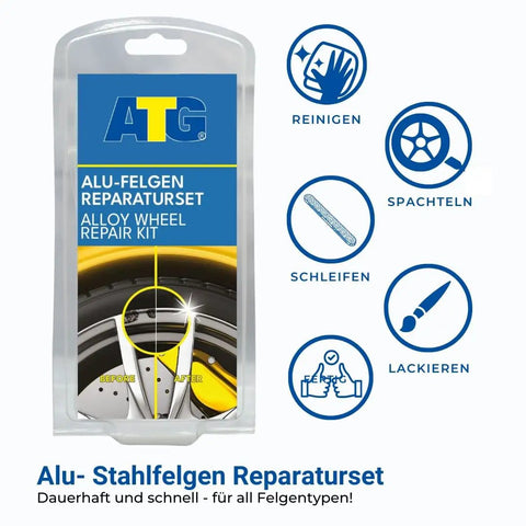 DIY Alloy Wheel Repair Kit For Curb Rash And Rim Scratch Fix With Silver Touch Up Paint packaging showing repair uses and tools.