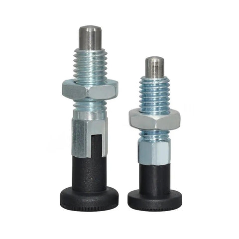 Dead Easy Stainless Steel 304 Index Plunger With Pull Ring And Lock Nut Screw Quick Acting Lock Pins Fits M6 M8 M10 M12 M16 Top Shelf Hardware Built To Take A Beating Daily with two sizes displayed.