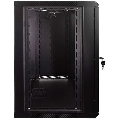 Front view of 12U Wall Mount Network Cabinet With Glass Door, Cooling Fan, Locks, And Removable Side Panels, 19 Inch Rack Enclosure