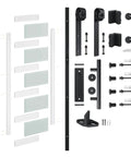 Glass And Wood Barn Door 32 By 80 Inches With Sliding Hardware Kit featuring frosted glass panels and installation components.