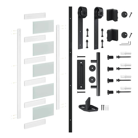 Glass And Wood Barn Door 32 By 80 Inches With Sliding Hardware Kit featuring frosted glass panels and installation components.