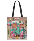 Flame Bird Camping RV Themed Tote Bag For Women with a colorful camper and flamingo design, reusable polyester shoulder bag