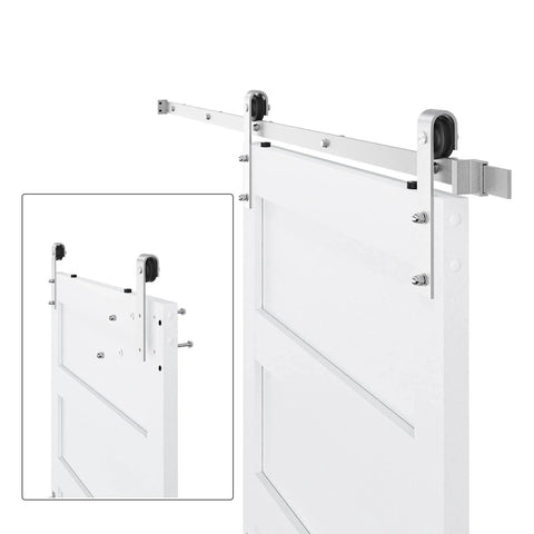 36 By 84 Inch White Sliding Barn Door With 6.6 Foot Brushed Nickel Hardware Kit And Handle, 5 Panel, Pre Drilled Holes, Easy Assembly