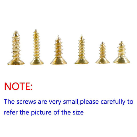 Gold Finish 1200Pcs Tiny Phillips Flat Head Self Tapping Screws Set with six size comparison on display.