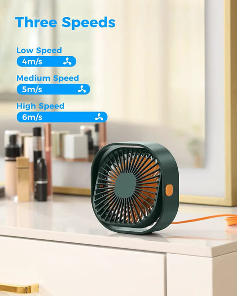 4 Inch USB Desk Fan With 3 Speed Portable Mini Cooling Fan And 360 Degree Rotatable Head on a white desk