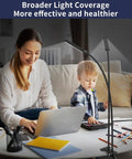 Dual 70cm Gooseneck LED Desk Lamp illuminating a home office with a woman and child using a laptop and tablet