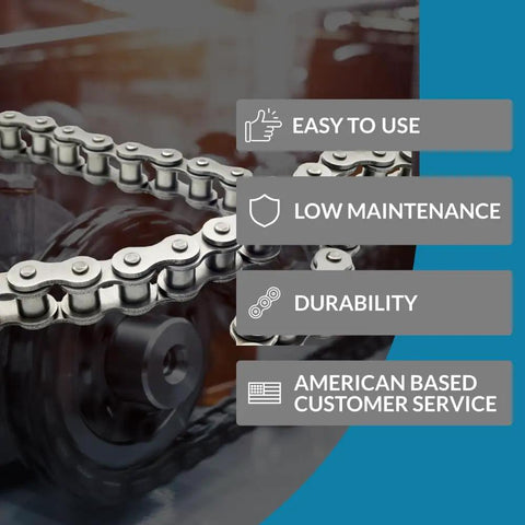 Close-up of a Size 50 ANSI Roller Chain Master Link showing durability and low maintenance features, pack of 10 for repairs.