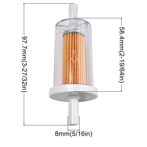 Fuel Line Filter Shut Off Valve Kit For Riding Lawn Mowers And Compact Tractors One Quarter Inch Inline Filter dimensions shown