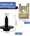 Close-up of 40 Piece Car U Clip Screw Kit with self tapping screw and U clip dimensions, shown in black and gold.