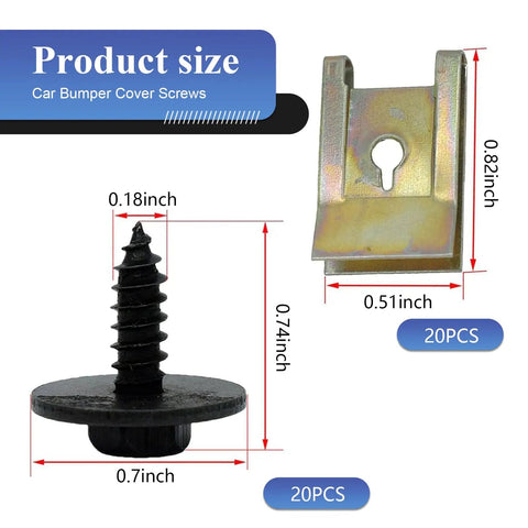Close-up of 40 Piece Car U Clip Screw Kit with self tapping screw and U clip dimensions, shown in black and gold.