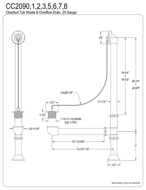 Technical drawing of Solid Brass Claw Foot Bath Drain With Oil Rubbed Bronze, 27 Inch, adjustable fit, includes overflow and tubes.