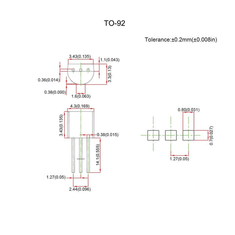 Technical diagram of General Purpose Transistor Kit With 400 Pieces In TO92 And MOSFETs including dimensions and tolerances.