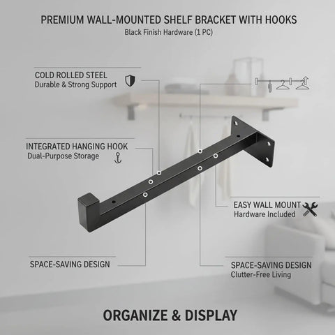 Must Have Wall Mounted Floating Shelf Bracket With Hooks In Black Finish Cold Rolled Steel Support For Standard Shelves