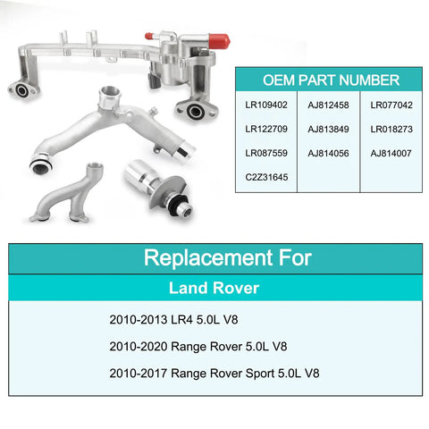 Beat Engine Stress Quickly With This Sturdy Aluminum Water Pump And Thermostat Housing Top Crossover Hose Bolted Secure On Your 5.0L V8 Range Rover Setup, featuring aluminum parts and OEM numbers.