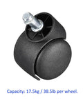 Four Piece Black Nylon Swivel Twin Wheel Stem Casters Hard As Nails Top Shelf Replacement Furniture Rolls Built Tough For Cabinets Shelves Chairs Easy Install Two Inch Diameter Smooth Glide Workhorse close-up of caster wheel with 38.5lb capacity.