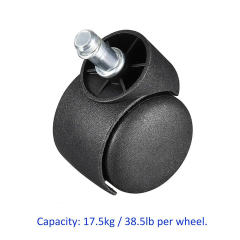 Four Piece Black Nylon Swivel Twin Wheel Stem Casters Hard As Nails Top Shelf Replacement Furniture Rolls Built Tough For Cabinets Shelves Chairs Easy Install Two Inch Diameter Smooth Glide Workhorse close-up of caster wheel with 38.5lb capacity.