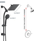 Rainfall 8 Inch Shower Head With High Pressure Handheld Spray and Drill Free Slide Bar, Matte Black Finish, Dimension Diagram