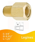 Brass 1/4 NPT female-to-male pipe adapter with hex body, side view.