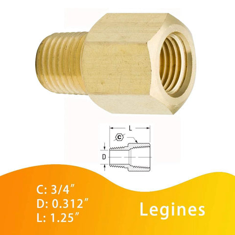 Brass 1/4 NPT female-to-male pipe adapter with hex body, side view.