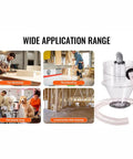 High Capacity Cyclone Dust Separator For 4 Inch Hoses With Clear Abs Housing shown in workshop, woodworking, and pet salon settings.
