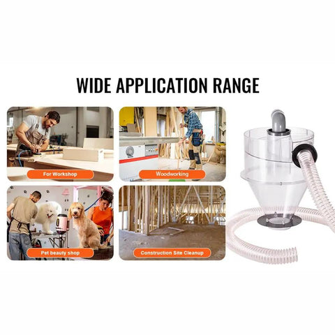 High Capacity Cyclone Dust Separator For 4 Inch Hoses With Clear Abs Housing shown in workshop, woodworking, and pet salon settings.