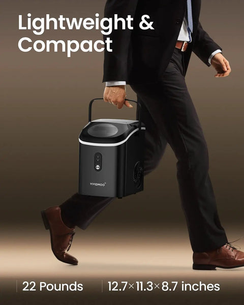 Man carrying Nugget Ice Maker Countertop Portable Sonic Pebble Ice Maker With Self Cleaning, compact size, black