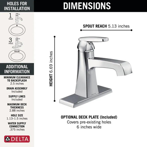 Dimensions diagram of Ashlyn Single Hole Bathroom Faucet Chrome Finish With Diamond Seal Technology For A Leak Proof, Built To Last, Single Handle Sink Faucet With Easy Drain Assembly, Modern Chrome Bathroom Tap 564-MPU-DST.