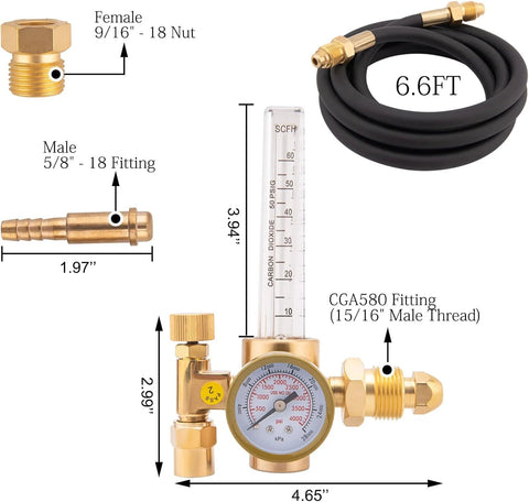Front view of MIG welder gas regulator with 6.6 ft hose, brass body and gauge, CGA580 inlet