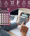 High Octane 3V Lithium Button Cell Battery Assortment With Cr2032 Cr2025 Cr2450 Cr1620 Cr1632 Featuring Badass Sealing For Rock Solid Electronic Device Reliability In A 25 Piece Pack displayed with a calculator.