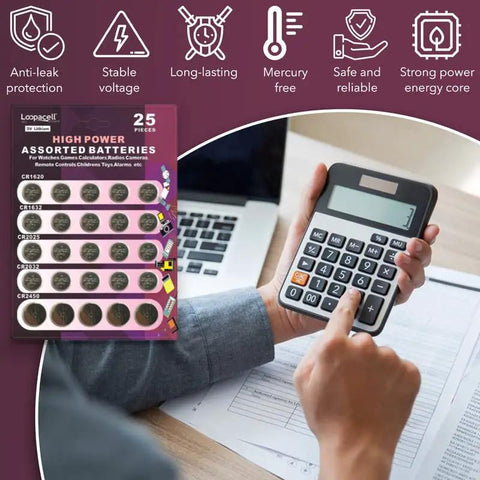 High Octane 3V Lithium Button Cell Battery Assortment With Cr2032 Cr2025 Cr2450 Cr1620 Cr1632 Featuring Badass Sealing For Rock Solid Electronic Device Reliability In A 25 Piece Pack displayed with a calculator.