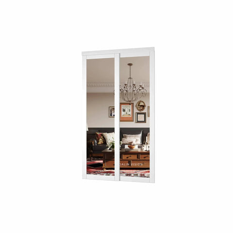Mirror Sliding Closet Door 48 Inch Wide Double 25 Inch Panels 80 Inch Tall With Hardware Track Kit And Floor Guide installed view