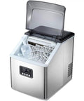Portable Automatic Countertop Ice Cube Maker Cranks Out Forty Eight Pounds Daily With Quick Ten Minute Rounds Self Clean Design Saves Effort While You Fuel Yard Gatherings Or Super Bowl Watch Parties Silver Trim with ice cubes inside.
