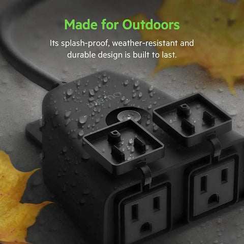 Close-up of WiFi Smart Outdoor Plug With Two Weather Resistant Outlets, showing its splash-proof design and durable build.