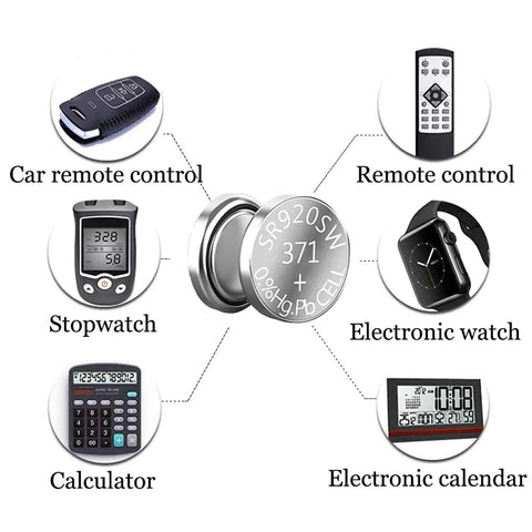 Image showing Top Shelf 10 Pack 1.5V Button Coin Cell Watch Batteries compatible with various devices like watches and calculators.