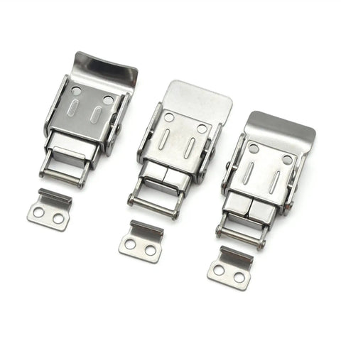 Spring Loaded Stainless Steel Hasp Lockable Draw Latch 60x29mm for toolboxes and electromechanical boxes, shown in detail.