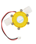 Yellow Micro Hydroelectric DC Turbine Generator for Off Grid Power, 12V Output, compact size with wiring, designed for home use.