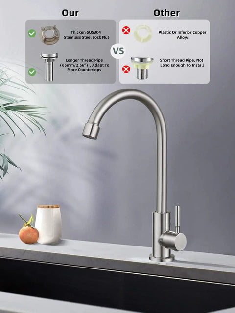 Level Up Your Kitchen Setup With This Top Shelf Cold Water Only Faucet Crafted From Lead Free SUS304 Stainless Steel Featuring A Smooth 360 Degree Swivel And Durable Brushed Nickel Finish showcasing SUS304 stainless steel details.