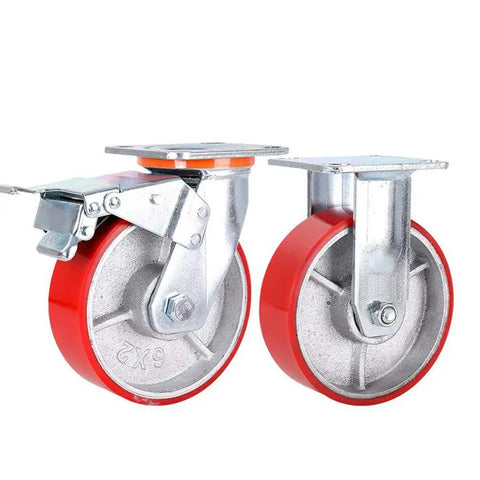 Top Shelf Heavy Duty Swivel Caster Wheels With Secure Locks Three Sixty Degree Polyurethane Rollers For Trolleys And Furniture High Load Capacity red casters with silver steel base and brake.
