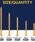 Exterior Wood Screws Kit With Four Hundred Pieces In Five Sizes For Decks And Fences Includes Size Eight And Size Ten Screws From One And One Half Inches To Four Inches Rust Resistant Tan Epoxy Coated With Star Drive Bits T20 And T25 For Woodworking, showing size and quantity.
