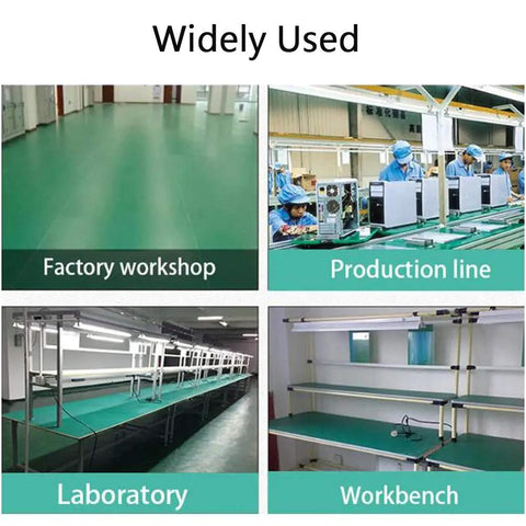 ESD Soldering Mat Roll 23.6 by 118 Inches Rubber Workbench Pad shown in factory, production line, lab, and workbench settings.