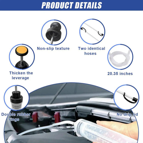 Top Shelf Vacuum Fluid Extractor Syringe Oil Pump With Extended Reinforced Hose For Mess Free Engine Oil Extraction and Smooth Fuel Transfer On Any Domestic Or Import Ride, showcasing product details like hoses and non-slip texture.