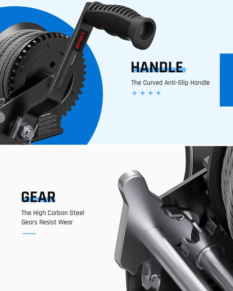 Heavy Duty Boat Trailer Winch 1200 Lbs With 26 Ft Steel Rope Two Way Ratchet 4 To 1 Gear Marine Grade Hand Winch grip and gears