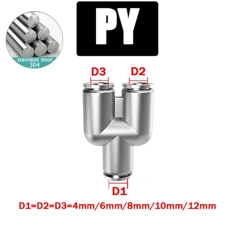 Air Pneumatic Fittings Kit With 100 Pieces Of Quick Connectors, 12mm PY Stainless Steel, for Hose Systems, Y-shape design