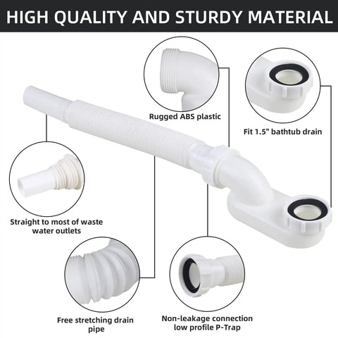 Flexible Bathtub Drain Pipe With Super Sleek Low Profile Flat 1 1/2 Inch P Trap Engineered For Zero Leak Hookups In Freestanding Tub Setups Complete With No Sweat Setup shown with ABS plastic and slip-joint fittings.