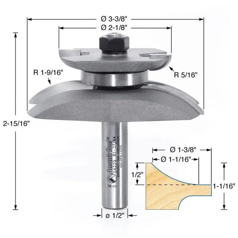 Cove Raised Panel With Back Cutter Router Bit Three And Three Eighths Inch Diameter One Half Inch Shank Two Flute diagram