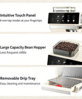 Straight Fire Smart Fully Automatic Espresso Machine Loaded With A Built In Conical Burr Grinder And Twenty Five Precision Settings For Brewing Hot And Cold Brew Coffee Right At Home Daily with touch panel, bean hopper, and drip tray.