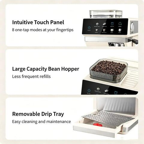 Straight Fire Smart Fully Automatic Espresso Machine Loaded With A Built In Conical Burr Grinder And Twenty Five Precision Settings For Brewing Hot And Cold Brew Coffee Right At Home Daily with touch panel, bean hopper, and drip tray.