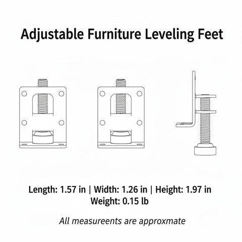 Diagram of Heavy Duty Adjustable Cabinet Leveling Feet For Side Mount Wardrobes On Uneven Floors, showing dimensions and threaded height adjustment.